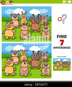 Cartoon Illustration der Suche nach Unterschieden zwischen Bildern Bildungsaufgabe für Kinder mit Comic-Hunde-Gruppe Stock Vektor