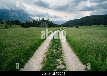 Feldweg durch windige, stürmische Graslandschaft mit dunkler Wolkenlandschaft in den österreichischen Alpen, Mieminger Plateau, Tirol, Österreich Stockfoto