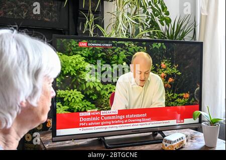 Dominic Cummings gibt eine Pressekonferenz im Fernsehen von Downing Street nach dem Bruch der Sperre, von einem Zuschauer beobachtet. Stockfoto