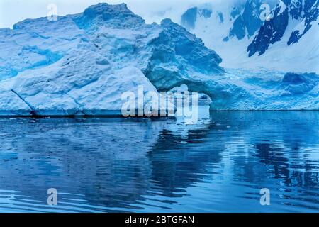 Schnee Floating Blue Iceberg Arch Reflection Paradise Bay Skintorp Cove Antarktis. Gletschereis blau, weil die Luft aus dem Schnee gepresst wird. Stockfoto