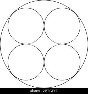 Vier vollständige Kreis innerhalb eines großen Kreises und Seiten der Kreise berühren einander, so dass geometrische Form, Vintage-Linie Zeichnung oder Gravur Stock Vektor