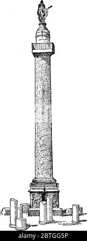 Ein langer Turm in Rom ist das Symbol für Trajans Sieg im Dazianischen Krieg, Vintage-Strichzeichnung oder Gravurzeichnung. Stock Vektor