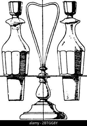 Die beiden Glasflaschen mit silbernen Halterungen in diesem Cruet Set gehalten Öl und Essig, Vintage Strichzeichnung oder Gravur Illustration. Stock Vektor