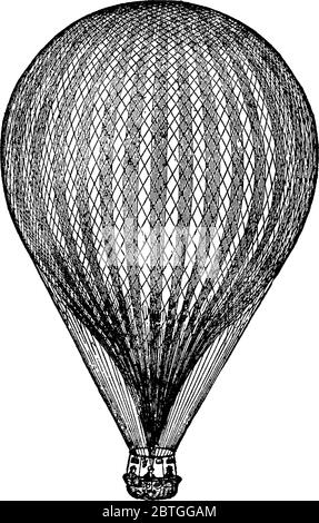 Eine typische Darstellung eines Heißluftballons, leichter-als-Luft-Flugzeuge mit Netz umhüllt, Passagiere beförderend, Vintage-Linie Zeichnung oder Gravur ill Stock Vektor