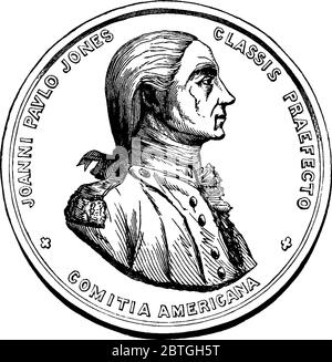 Goldmedaille mit eingravierten Schriften und Bild von Piraten, die an Amerikas ersten bekannten Seejäger, John Paul Jones, in der amerikanischen Revoluti verliehen wurden Stock Vektor