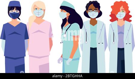 Frauen Ärzte mit Uniformen und Masken Design der medizinischen Versorgung Gesundheit und Notfall Thema Vektor-Illustration Stock Vektor