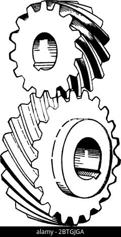 Beim Vernetzen von Zahnradpaaren wird das kleinere Zahnrad als Ritzel bezeichnet. Hier ist eine typische Darstellung eines Spiralzahnrads und Ritzels, Verhältnis 6.1 zu dargestellt Stock Vektor