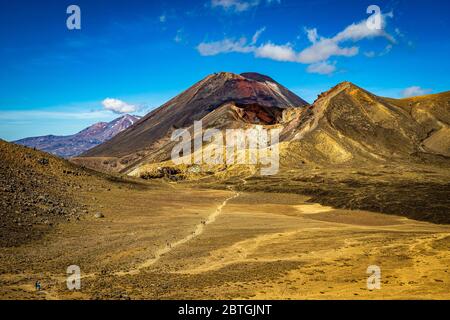 Mount Ngauruhoe im Tongariro National Park, Neuseeland, von der Alpine Crossing Trail an einem klaren sonnigen Tag aus gesehen Stockfoto