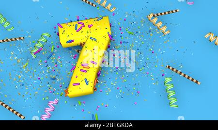 Nummer 7 zum Geburtstag, Jubiläum oder Promotion, in dicken gelben Buchstaben auf blauem Hintergrund mit Bonbons, Streamer, Schoko-Strohhalmen und verziert Stockfoto