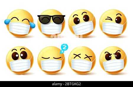 Smiley Emoji Facemask Vektor gesetzt. Smiley Emoji mit Covid-19 Gesichtsmaske und Augenausdrücke, um 2019-ncov Coronavirus-Infektion zu verhindern. Stock Vektor