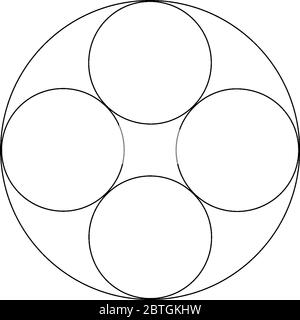 Vier vollständige Kreis innerhalb eines großen Kreises und Seiten der Kreise berühren einander, so dass geometrische Form, Vintage-Linie Zeichnung oder Gravur Stock Vektor