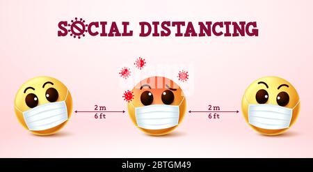 Smiley Emoji sozialen Distanzierung Vektor Zeichen. Sozialer Distanzierungstext mit Smiley-Emoji, der Covid-19-Coronavirus-Infektionen in der Öffentlichkeit verhindert. Stock Vektor