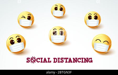 Emoji Smiley sozialen Distanzierung Vektor Zeichen. Soziale Distanzierung Emoji Smileys tragen Gesichtsmaske für Covid-19 Coronavirus vorbeugende Maßnahme. Stock Vektor