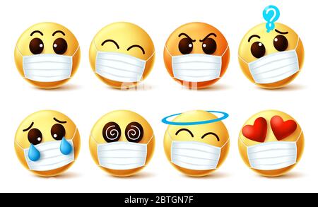 Emoji Smiley mit Covid-19 Gesichtsmaske Vektor gesetzt. Emoji Smiley mit Gesichtsausdrücke trägt Facemask Covid-19 Coronavirus-Infektion zu verhindern. Stock Vektor