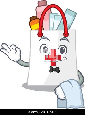 Ein Cartoon-Bild von Drogen-Einkaufstasche Kellner mit einer weißen Serviette Stock Vektor