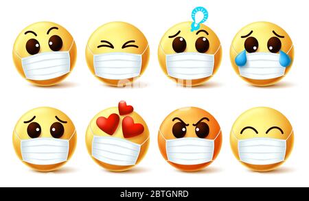 Smileys Emoticon trägt Gesichtsmaske Vektor-Set. Smiley Emoji trägt Gesichtsmaske mit Gesichtsemotionen zur Prävention von Covid-19 Coronavirus viral Stock Vektor