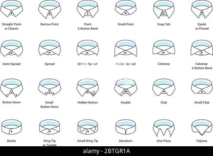 Vektor-Linie Symbol-Set von Herren Hemdkragen Stile, bearbeitbare Striche. Illustration für Style Guide der formalen männlichen Kleid Code für Herrenmode speichern. Unterscheiden Stock Vektor