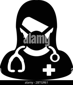 Arzt Icon Vektor mit chirurgischer Gesichtsmaske weibliche Person Profil Avatar Symbol mit Stethoskop für die medizinische Beratung in Glyph Piktogramm Stock Vektor