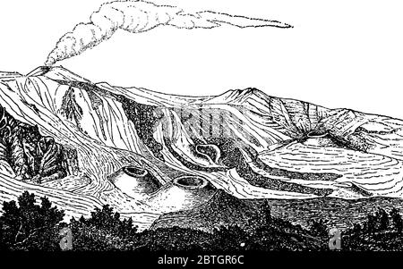 Ansicht eines Teils des Val-del-Bove mit parasitären Kegeln und steilen Lavastromen, Vintage-Strichzeichnung oder Gravurzeichnung. Stock Vektor