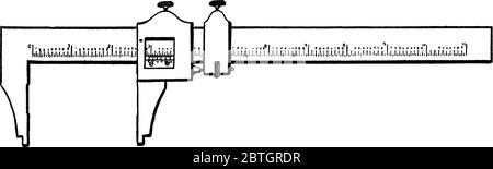 Vernier Caliper, der verwendet wird, um eine genaue Messung zwischen zwei Graduierungsmarkierungen auf einer linearen Skala durch mechanische Interpolation zu messen; die Stock Vektor