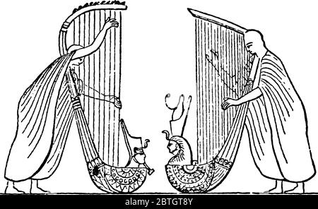 Primitiv aussehendes Instrument wurde horizontal gespielt, auf der Schulter des Darstellers geboren. Zwischen ihnen und den großen vertikalen Harfen in der Fresc Stock Vektor