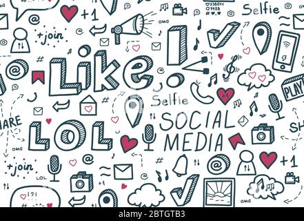 Nahtlose Muster in sozialen Medien. Handgezeichnete Vektor-Illustration im niedlichen Doodle-Stil Stock Vektor