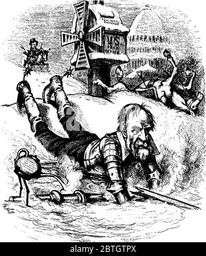 Diese Karikatur von Thomas Nast zeigt Abraham Hewitt als Don Quixote vom Pferd fiel, Vintage-Strichzeichnung oder Gravur Illustration. Stock Vektor