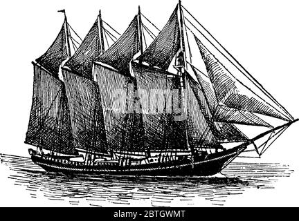 Ein Viermast-Schoner, eine Art Segelschiff, das vor-und-hinten Segel, Vintage-Linie Zeichnung oder Gravur Illustration verwendet. Stock Vektor