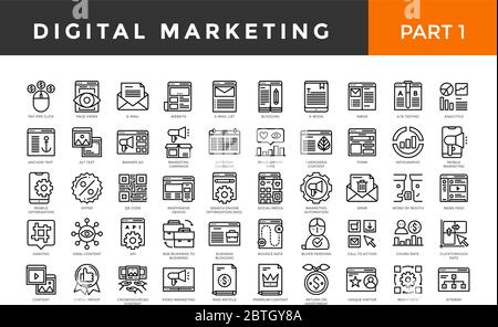 Digitale Marketing-Symbole, schlanke Linie Stil, große Menge. Teil 1. Vektorgrafik Stock Vektor