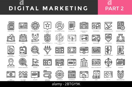 Digitale Marketing-Symbole, schlanke Linie Stil, große Menge. Teil 2. Vektorgrafik Stock Vektor