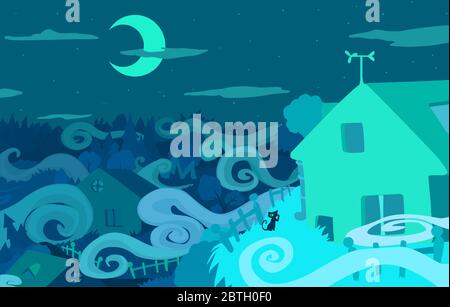 Nacht Nebel Dorf Häuser Szene, Vektor Cartoon Farbe Illustration, horizontal Stock Vektor