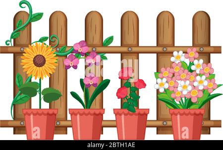 Schöne Blumen in Töpfen auf weißem Hintergrund Illustration Stock Vektor