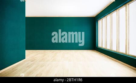 Grüne Wand auf Holzboden Interieur. 3D-Rendering Stockfoto