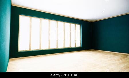 Grüne Wand auf Holzboden Interieur. 3D-Rendering Stockfoto