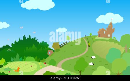Landschaft Landschaft Landschaft Szene, sonnigen Tag grüne Felder, Vektor Cartoon Farbdarstellung, horizontal Stock Vektor