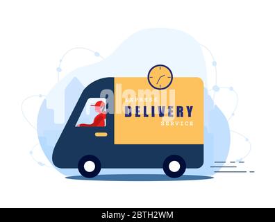 Express Delivery Service Konzept zu Hause und im Büro. Schneller Kurier auf dem Auto. Versand Restaurant Lebensmittel, Post und Pakete. Moderne Vektordarstellung in Stock Vektor