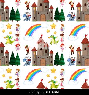 Nahtlose Kinder ist Märchen Schloss und Drachen mit Regenbogen in den Himmel Illustration Stock Vektor