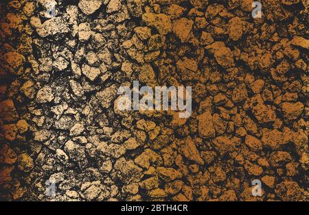 Verzweifelte Overlay-Textur aus goldenen Steinen, Felsen, Kieselsteinen, Makadam. Grunge Hintergrund. Abstrakte Halbton-Vektor-Illustration Stock Vektor