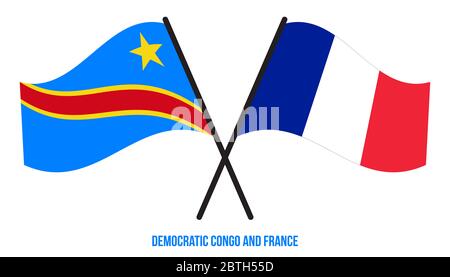 Demokratische Kongo und Frankreich Flaggen gekreuzt & winken Flat Style. Offizieller Anteil. Richtige Farben. Stockfoto