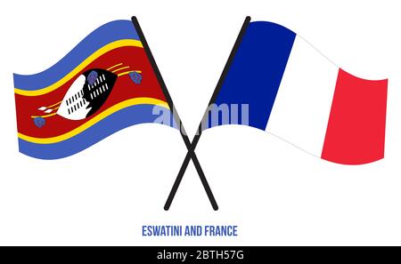 Eswatini und Frankreich Flaggen gekreuzt und winken Flat Style. Offizieller Anteil. Richtige Farben. Stockfoto
