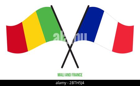 Mali und Frankreich Flaggen gekreuzt und winken Flat Style. Offizieller Anteil. Richtige Farben. Stockfoto