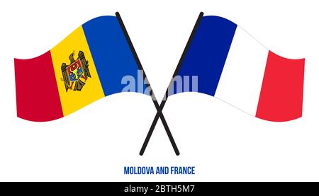 Moldawien und Frankreich Flaggen gekreuzt und winken Flat Style. Offizieller Anteil. Richtige Farben. Stockfoto