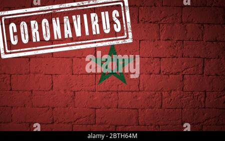 Flag of the Morocco with original proportions. stamped of Coronavirus. brick wall texture. Corona virus concept. On the verge of a COVID-19 or 2019-nC Stockfoto