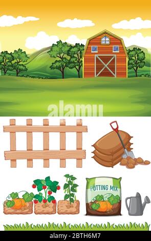 Farmszene mit Scheune und anderen landwirtschaftlichen Gegenständen auf der Farm Illustration Stock Vektor