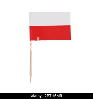 Miniatur-Papierfahne Polen. Isolierter polnischer Zahnstocher-Flaggenzeiger auf weißem Hintergrund. Stockfoto