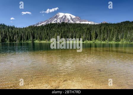 Mount Rainier, Washington State, spiegelt sich in den Reflexionsbecken im Nationalpark wider. Es ist Hochsommer und der Himmel ist klar blau Stockfoto