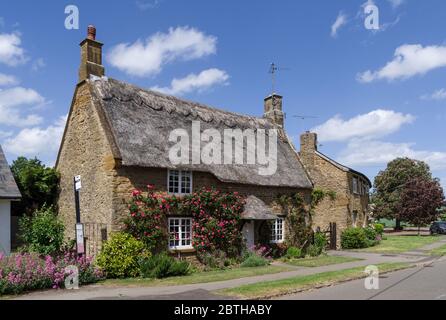 Von außen ein traditionelles strohgedecktes Cottage im Frühjahr mit Rosen wachsen rund um die Tür; das Dorf von Milton Malsor, England, Großbritannien Stockfoto