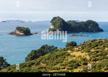 Stingray Bay mit Motueka Island und seinem kleineren Nachbarn Poikeke Island, in der Nähe von Hahei, Waikato, Nordinsel, Neuseeland Stockfoto