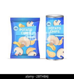 Kartoffelchips mit Pilzen Geschmack Chips natürliche Kartoffeln Verpackung Werbung Design Vorlage isoliert Vektor Illustration Stock Vektor