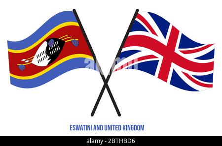 Eswatini und Großbritannien Flaggen gekreuzt und winken Flat Style. Offizieller Anteil. Richtige Farben. Stockfoto